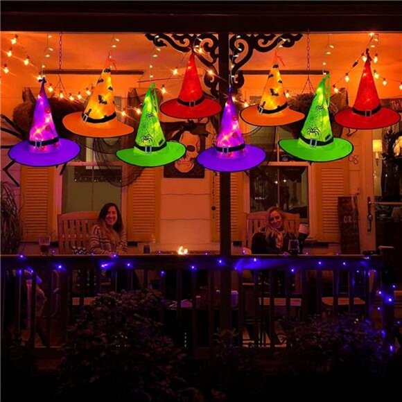 Halloween Decorations Lighted Witch Hats, 8Pcs Hanging Glowing Witch Hats 44ft - Picture 2 of 8